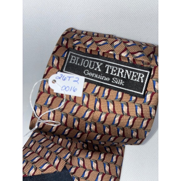 Bijoux Terner Mens Silk Necktie Tan Blue Burgundy Geometric Wave Pattern 4 Inch - Picture 5 of 8